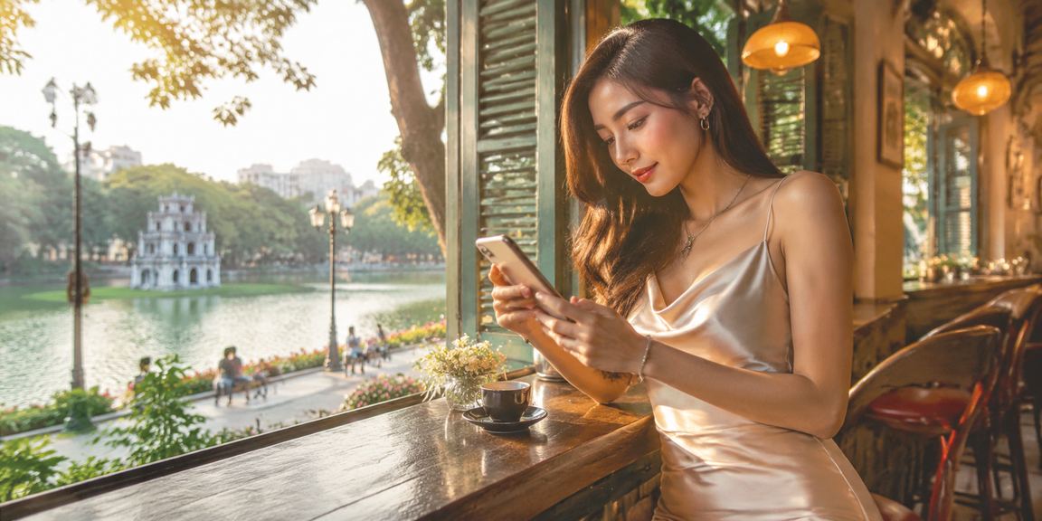 Người dùng Việt tại Hà Nội thưởng thức cà phê và tìm hiểu thông tin đăng ký ae86